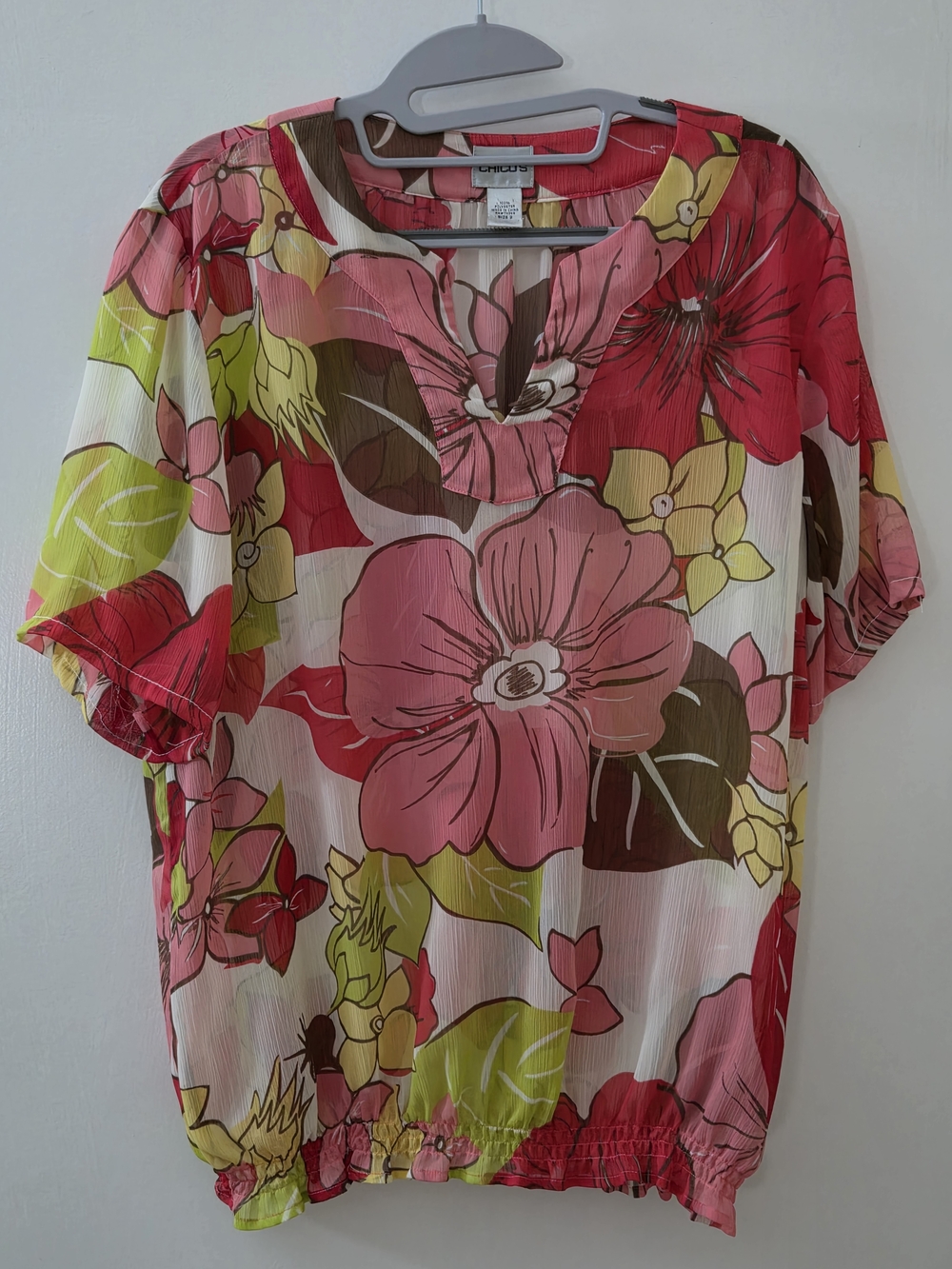 Chico's Sz 2 Pink and Green Floral Short Sleeve Blouse